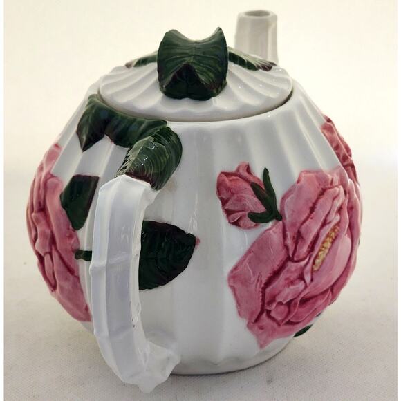 Teapot-Pacific Rim-White-Pink Roses-Green Leaves-Embossed-Holds 4 Cups - Picture 5 of 14